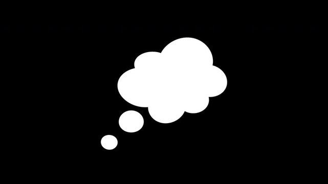 Thinking cartoon cloud shape on black background, a simple graphic design icon of an empty thought bubble. Suitable for presentations or web design.