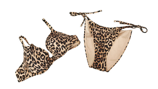Leopard print bikini swimsuit isolated on transparent background. Stylish two-piece swimwear with animal pattern for summer fashion, beachwear, vacation, ecommerce and apparel catalogs.
