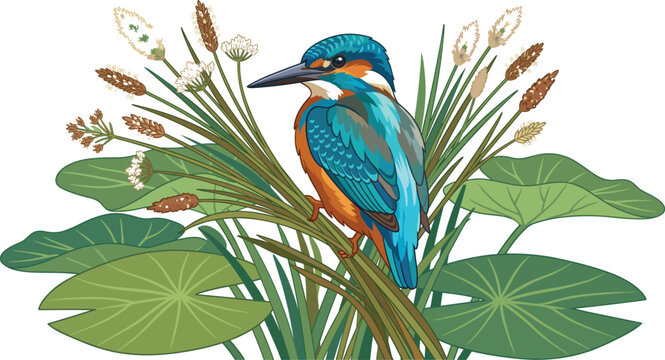 Colorful kingfisher bird perched among wetland plants vector illustration with vibrant plumage and natural habitat