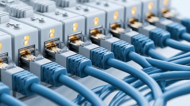Cables connect devices to a network switch in a server room during a workday