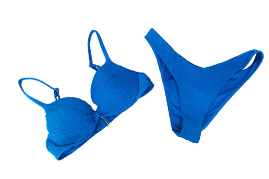 Textured blue bikini swimsuit isolated on a transparent background. Stylish two-piece suit for summer fashion, beachwear, leisure, e-commerce and apparel catalogues.