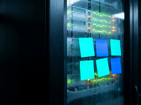 Server rack with blue sticky notes on frosted glass, depicting data center organization and reminders for IT management