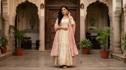 Fototapeta premium Elegant woman in traditional South Asian attire standing in a historic archway