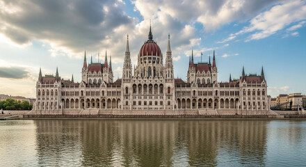 Fototapeta premium Majestic Gothic Parliament Building Reflected in Danube River, Budapest