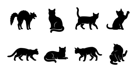 Obraz premium Black Cat Silhouettes Vector Set: Feline Poses, Domestic Animals, Pet Graphics, Halloween Icons