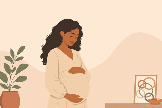Pregnant woman touching belly, motherhood journey illustration