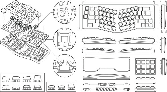 Technical Explosion View and Dimensions of Ergonomic Mechanical Keyboard with Detachable Components