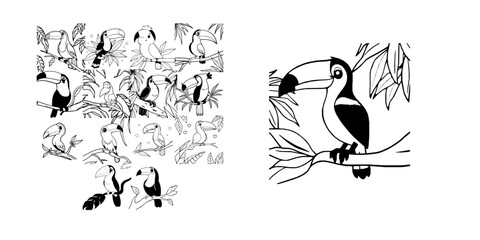 Obraz premium Cheerful Cartoon Toucan Sitting On A Tropical Branch Simple Coloring Book Line Art Thick Bold Outl Coloring Page
