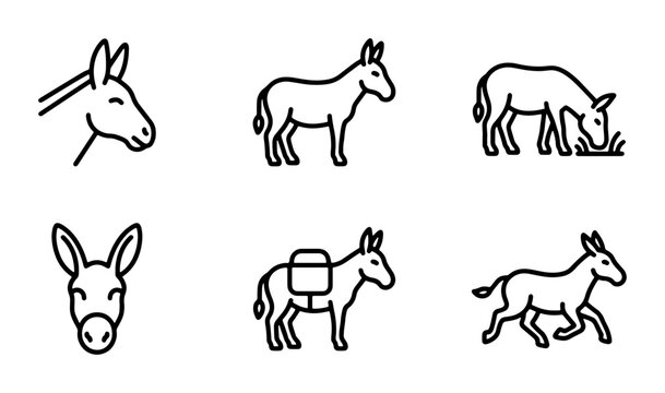 Donkey Icon Set, Farm Animal Vector Graphics, Livestock Silhouette Collection, Rural Mammal Line Art
