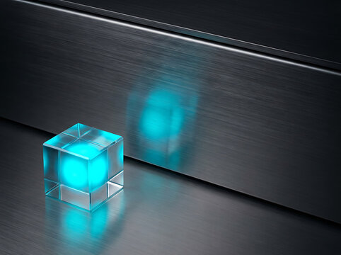Glowing blue acrylic cube digital data cube reflecting on dark metallic server rack panel technology illustration