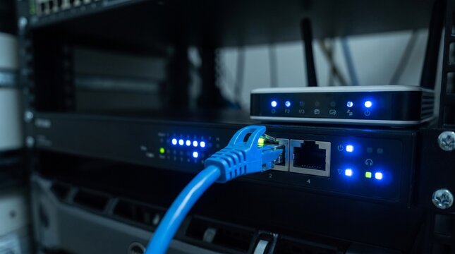 Active Network Switch and Router with Connected Ethernet Cables in Server Room
