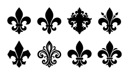 Elegant Fleur de Lis Vector Icons Set, Royal Heraldic Symbols, Ornate Decorative Flourishes, Classic French Emblem Designs © Nayem