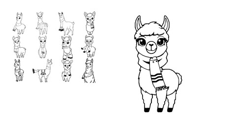 Fototapeta premium Cute Llama Wearing A Simple Scarf Simple Black Outline Coloring Page Thick Clean Lines Bold Outlin Coloring Page