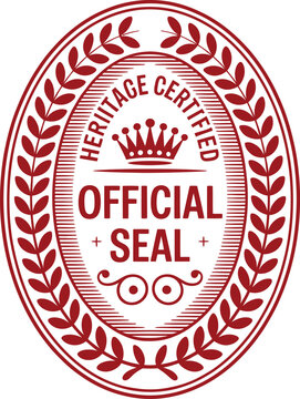 Heritage certified official seal showcases an elegant crown emblem framed by a detailed laurel wreath to denote historical significance and authentic quality assurance for premium certificates.