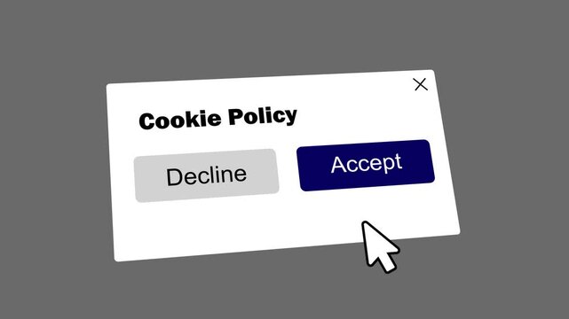 cookie policy pop up screen with cursor interaction. website cookie consent banner with accept button click. web browser cookie notice interaction with cursor. 