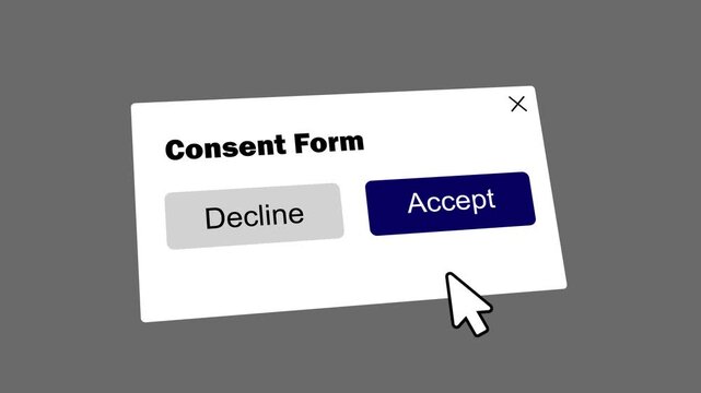user clicking accept button on consent form pop up interface. clicking accept on website cookie consent notification. web interface consent pop up with cursor clicking accept.