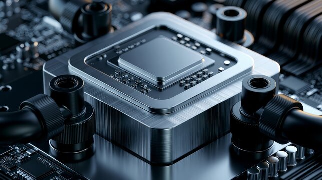 Close-up view of computer processor on circuit board with details showing connections and components