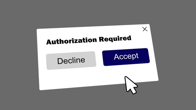 authorization required prompt with cursor clicking accept button. digital popup modal for user permission and data authorization. software interface popup for security and privacy authorization.