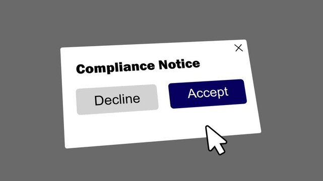 digital compliance notice ui with accept and decline options. gdpr and privacy policy compliance agreement animation. compliance notice pop-up window with cursor clicking accept button.