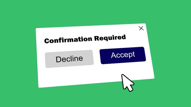 green screen confirmation required popup animation with hand cursor clicking accept button. online agreement pop up window with mouse click vector icon motion graphic.