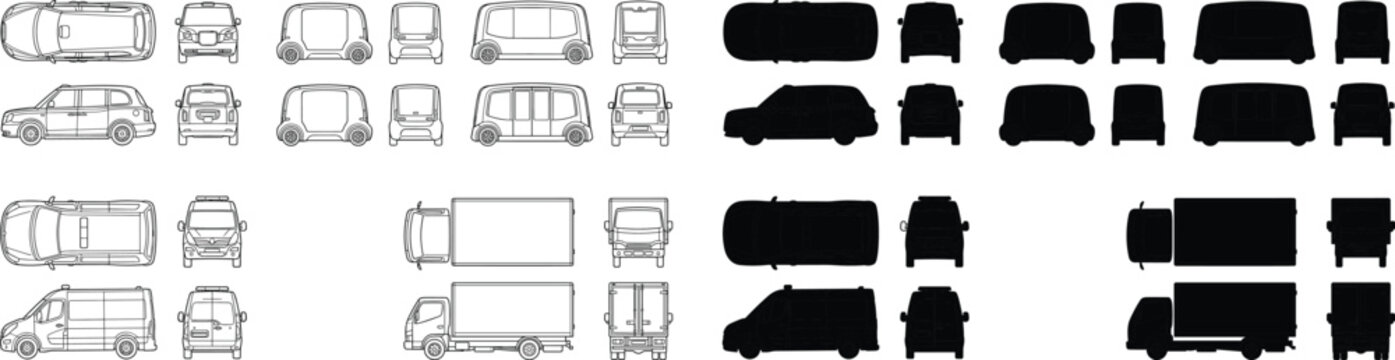 Commercial Vehicle Outline and Silhouette Collection with Van Truck Multi View Vector Set