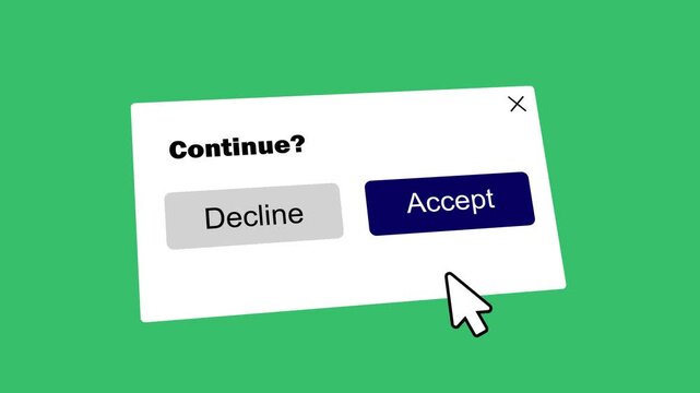 cursor hand clicking accept button on continue prompt box interface animation. digital choice click accept option or decline continue popup design.