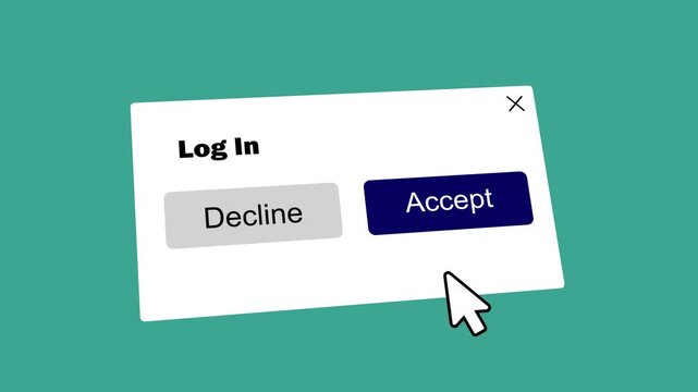 website user login interface popup screen click accept button. flat style login interface popup box with accept and decline buttons. hand cursor clicking accept on login popup button vector animation.