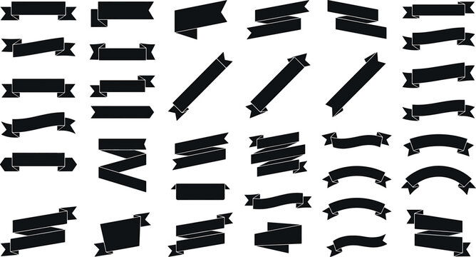 Black ribbon banners vector elements large set with blank scroll streamers heraldic tape flags and retro curved banner silhouettes collection