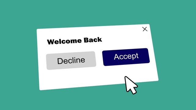 cursor clicking accept button on welcome back popup window. digital interface user agreement popup animation on green background.