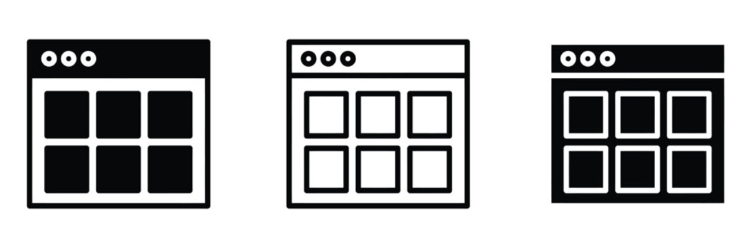 WebWebsite layout vector icon set, browser window with grid gallery symbol for digital design user interface UI and web development portfolio, flat linear outline silhouette glyph style graphic assets