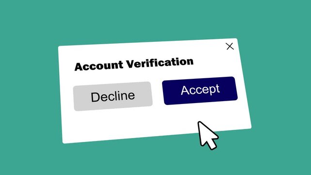 account verification interface pop-up with accept button click animation. online security pop up modal window for website login authorization.