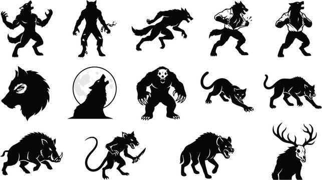 Collection of werewolf and lycanthrope silhouettes featuring transformations, howling wolves, and mythical beast creatures in black and white