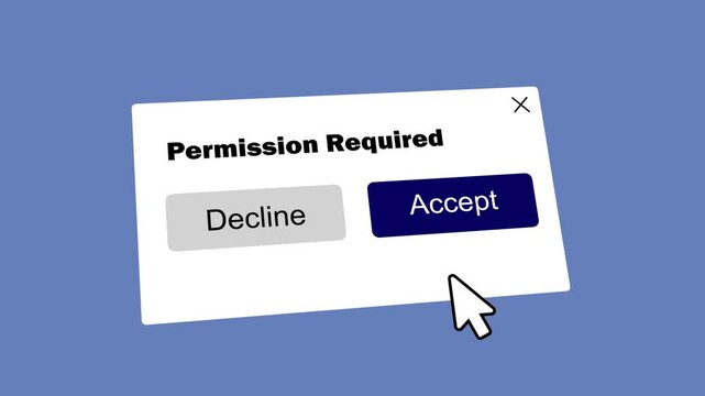 permission required notification dialog with decline and accept buttons. website cookies consent banner animation with hand cursor clicking accept.