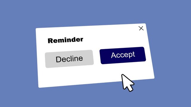 minimalist user interface popup animation showing a "Reminder" notification. The white card features two buttons: "Decline" in grey and "Accept" in dark blue. A cartoon hand cursor points.