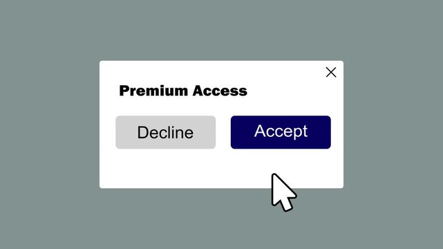 user interface design click on accept button for premium subscription access animation. premium access pop up window ui animation with accept decline buttons and hand cursor.