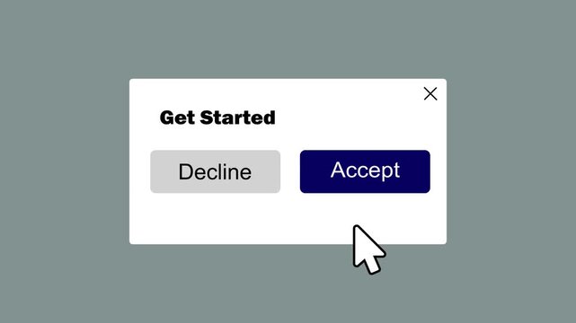 modern ui ux animation showing user acceptance of terms cookies privacy policy. user clicking accept button on website popup modal interface animation.