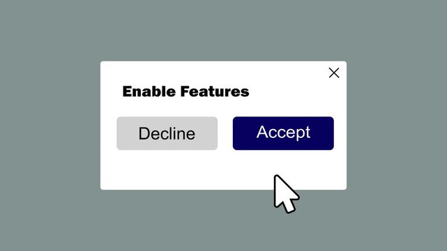 enable features popup notification with accept button being clicked by hand cursor. minimalist web browser pop up interface prompting user to enable features. 