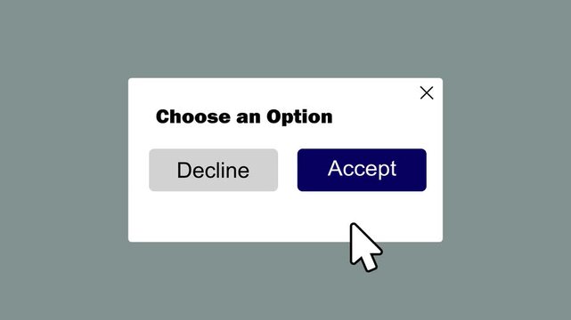 modern choose an option notification window with accept confirmation click. selection dialog popup with accept and decline buttons on transparent background.
