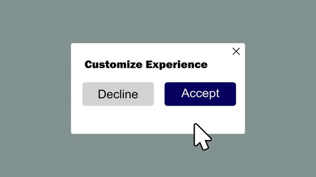 personalization settings dialog with cursor clicking accept button interface overlay. customize experience notification popup with interactive user confirmation animation.