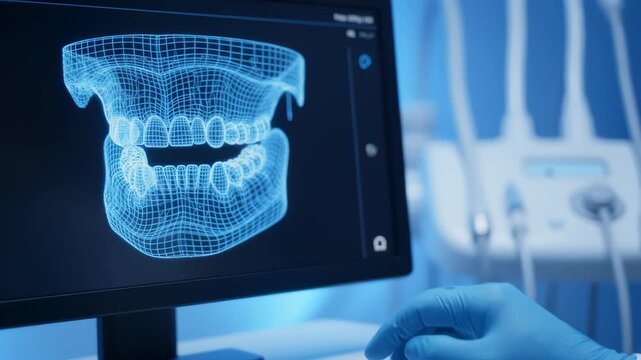 Orthodontist pointing at digital 3D jaw model on computer screen. Dental professional analyzing teeth structure with advanced software for treatment planning in clinic.