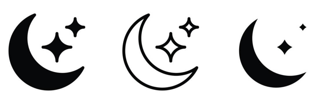 WebCrescent moon and stars vector icon set, night sky symbol for sleep cycle bedtime weather forecast and evening dreams, flat linear outline silhouette glyph style graphic assets for Adobe Stock