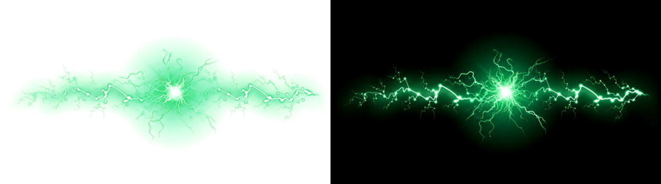 Green Electric Current zigzags horizontally with a glowing bright energy core in PNG, Transparent and Black Background Versions