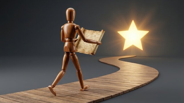Wooden figure walking on a path toward a star. Mannequin following a map to success.
