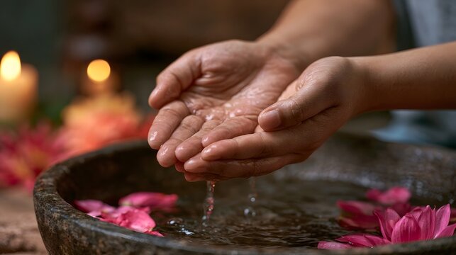 Close up view of hands soaking in warm water for a relaxing and restorative hand spa experience