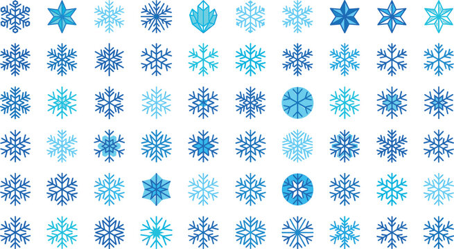 Blue snowflakes vector elements large set with diverse winter ice crystal stars frozen festive pattern icons isolated collection