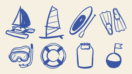 Blue hand drawn water sports and sailing icons vector set featuring sailboat kayak windsurf snorkel mask and lifebuoy © Zyariss