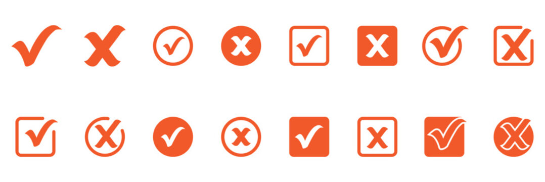 Check box with yes and no sign. Check tick and cross checkmarks icon set. Cross box x check mark checkbox v list vector draw hand drawn checklist symbol wrong right circle. Right or wrong icons. 