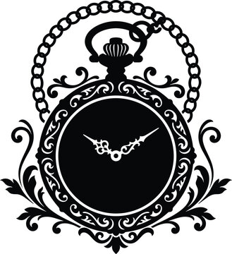 Vintage ornate pocket watch silhouette vector illustration with decorative scrollwork and floral motifs