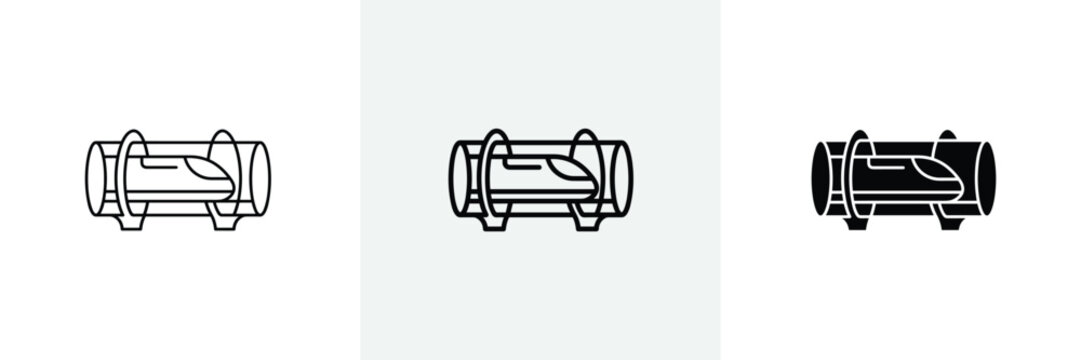 Hyperloop transportation technology icon set with linear bold and solid styles for future vacuum train concept.