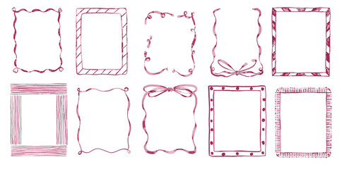 Obraz premium Red Burgundy Coquette Watercolor Vector Frames Set. Vintage Ribbon Wedding Card. Keywords: brush border background, gift banner.